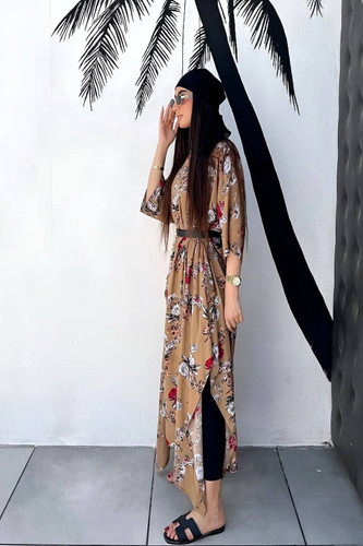 لباس ساحلی بلند نخی راحت گلدار قهوه ای و کرم