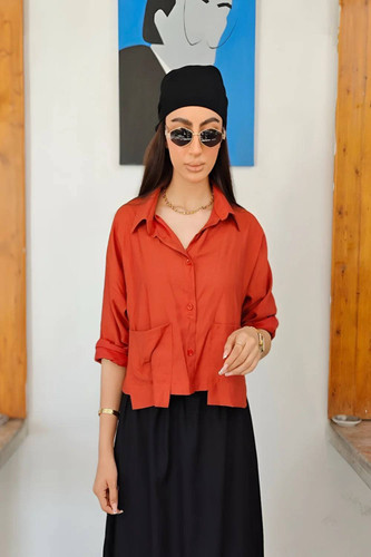 شومیز تابستانه زنانه خنک نخی رنگ نارنجی